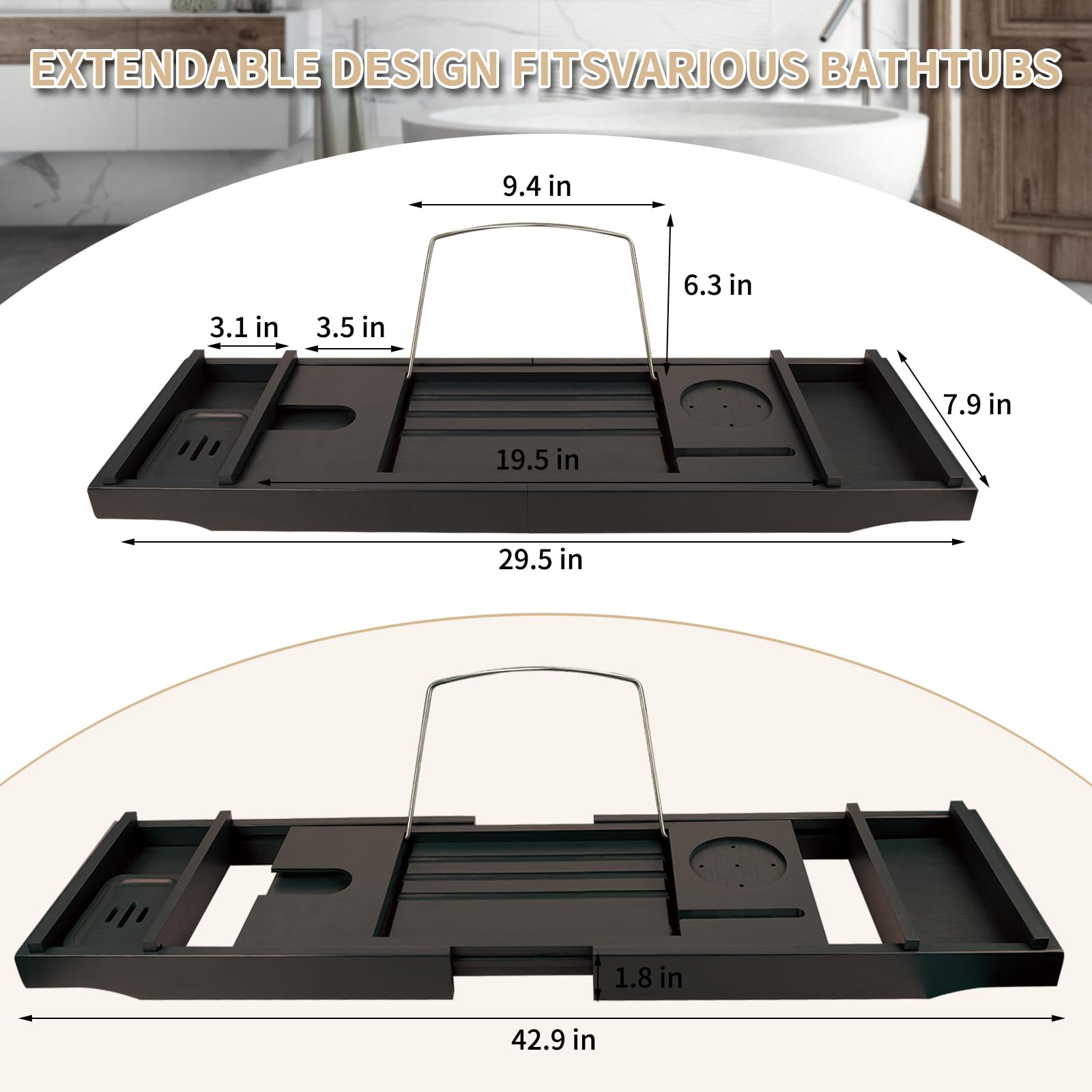 Bathtub Tray Caddy,Bathroom ,Expandable Bath Tray,Can be Placed Book and Inte...