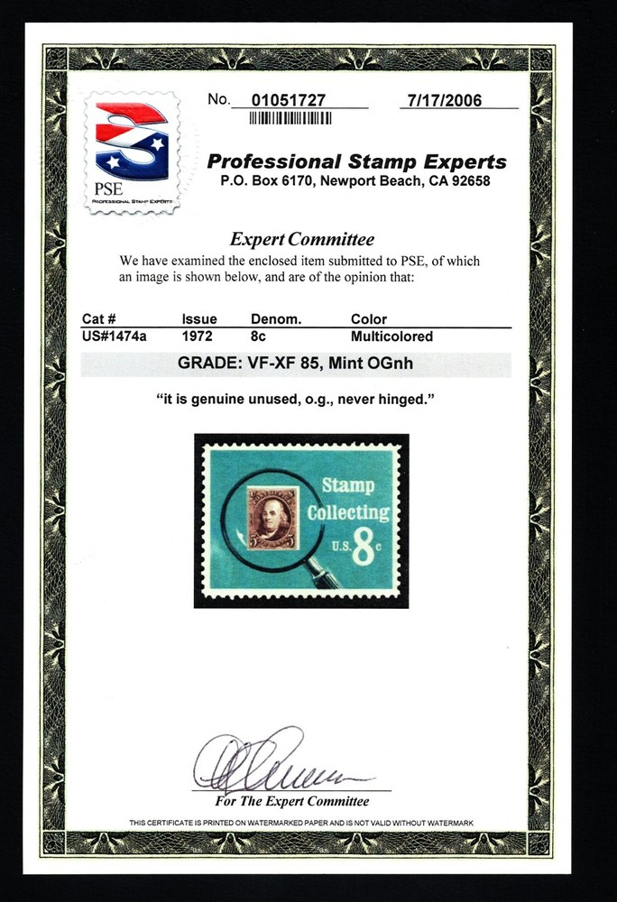 Scott #1474a - 1972 issue 8¢ ERROR with PSE cert - Graded VF-XF 85