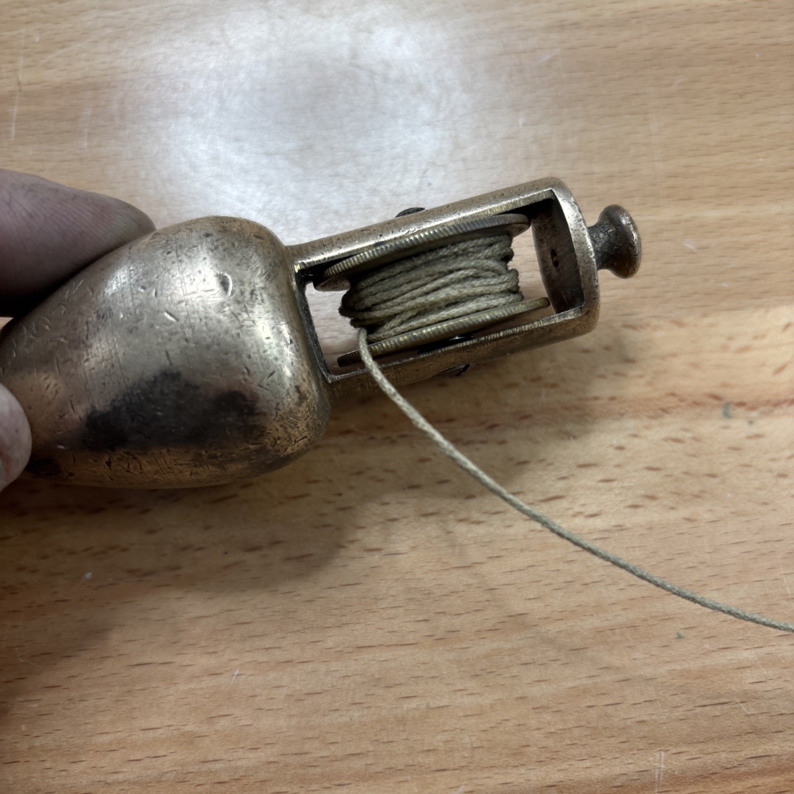 Vintage early Brass Plumb bob W / Integrated Reel Cord (Stanley?)