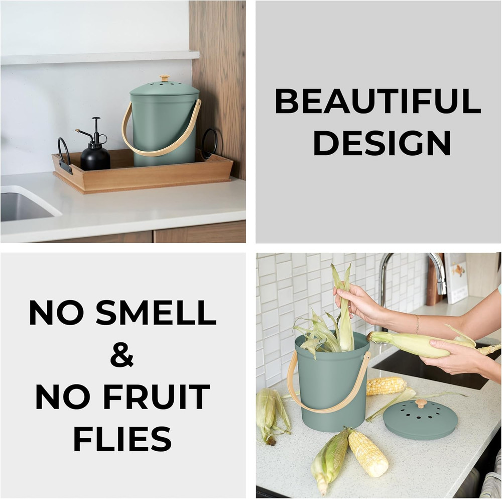 Beautiful Kitchen Compost Bin with Smell Proof Lid - Rust Proof and Odorless Com