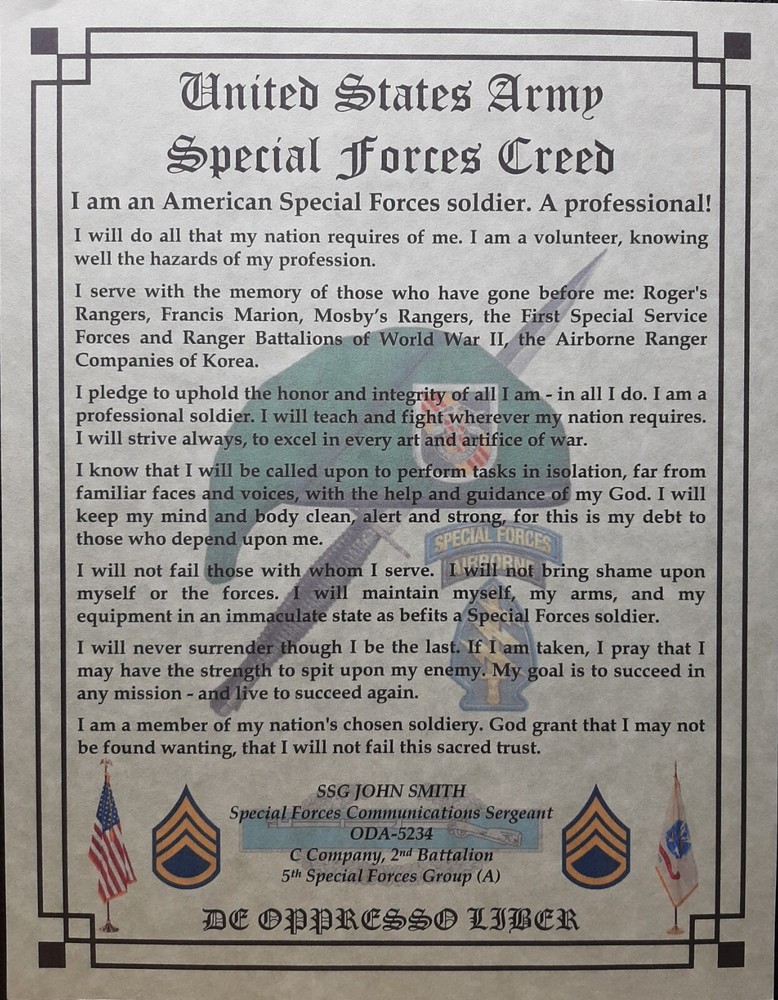 MC-NICE: Army Special Forces Creed PERSONALIZED *ALL GROUPS AVAILABLE*