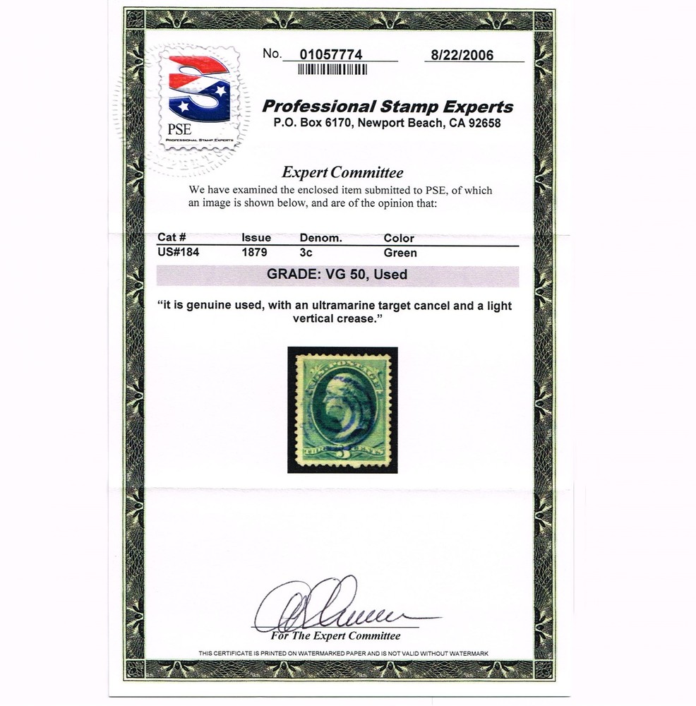 GENUINE SCOTT 184 USED MASSIVE PSE GRADED CERT ULTRAMARINE TARGET CANCEL