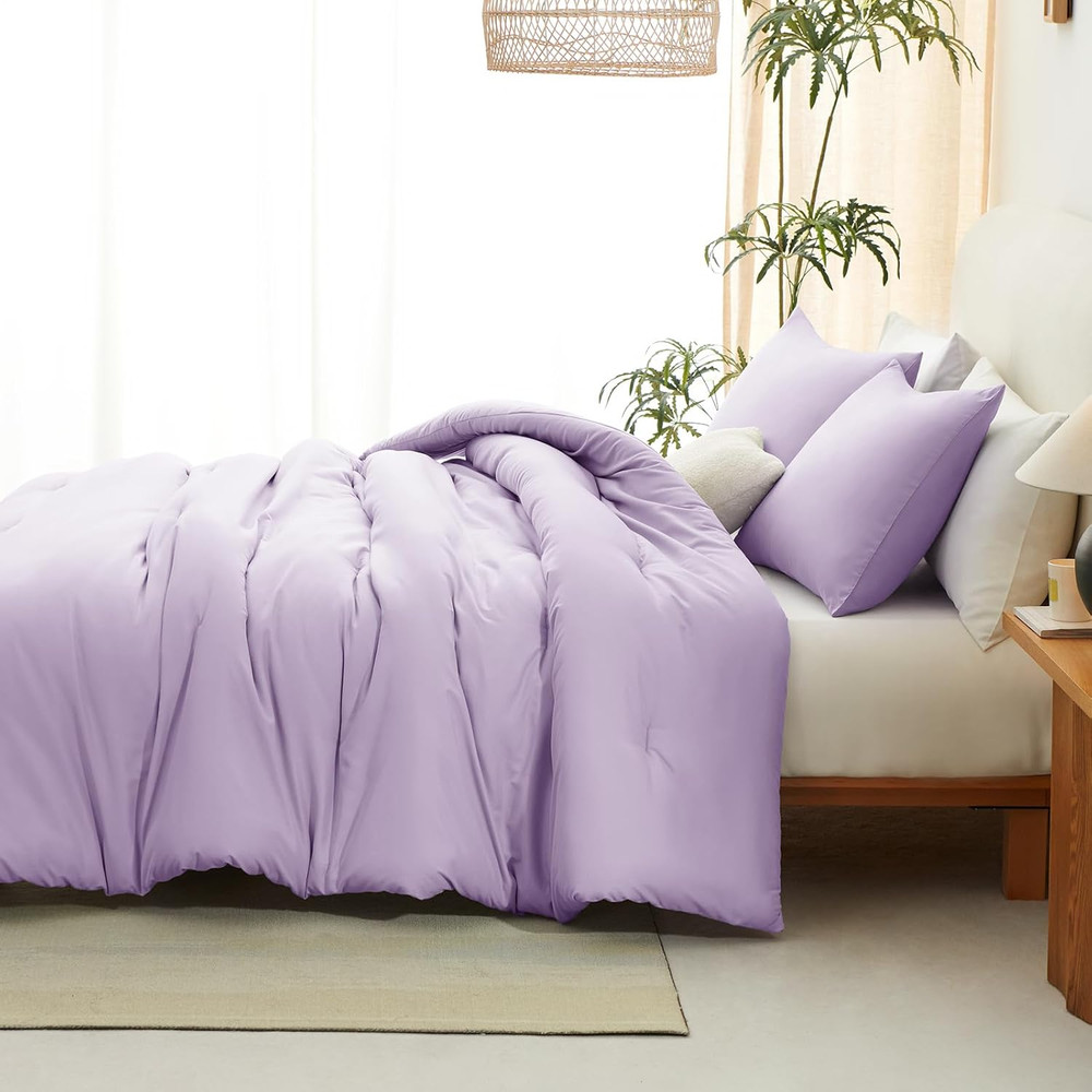 Lavender King Size Comforter Set, 3 Pieces Light Purple Solid Breathable Quilted