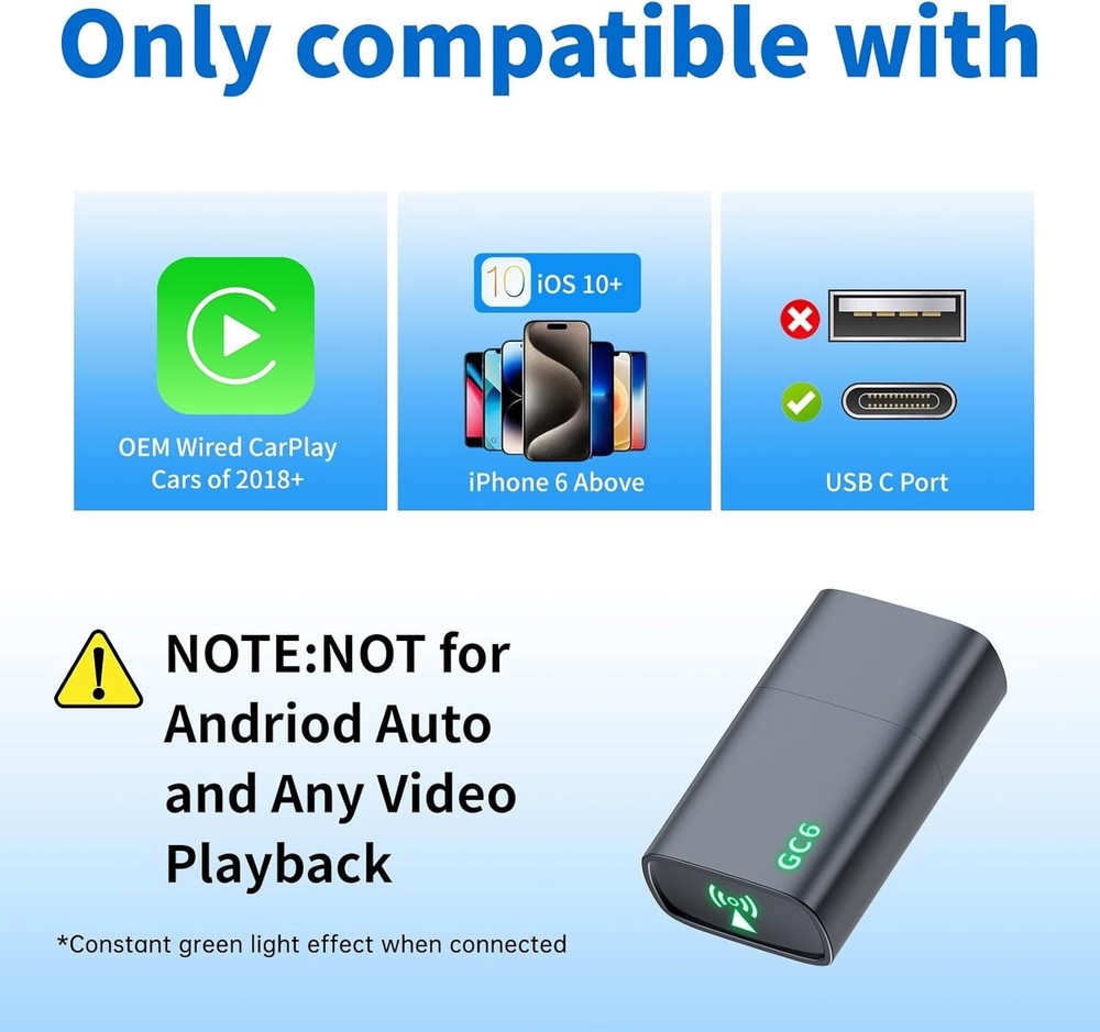 Wireless CarPlay Adapter USB Plug & Play Low Latency Connection for iPhone Car