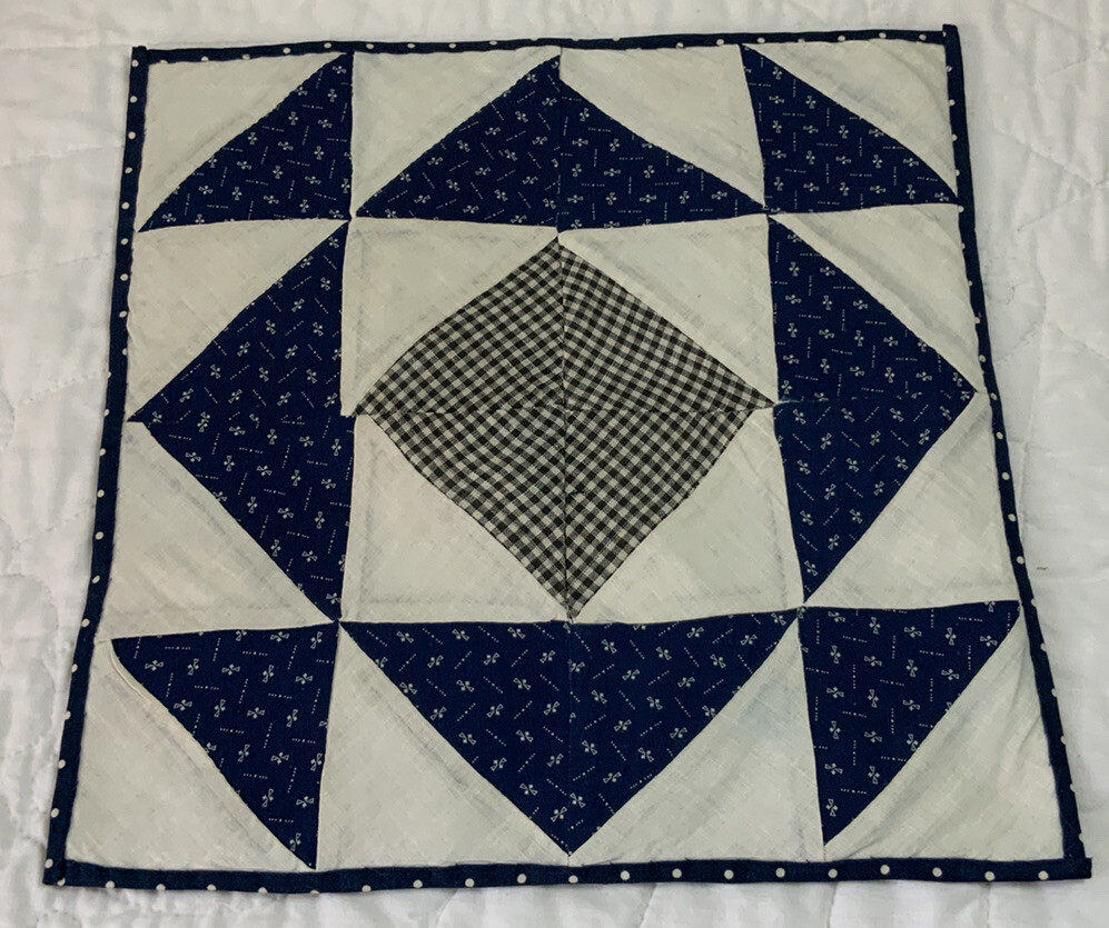Vintage Patchwork Quilt Table Topper, Triangles, Early 1900’s, Navy, White