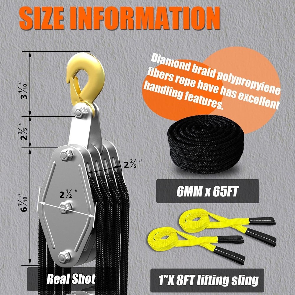 65ft 8:1 Lifting Hoist Pulley Block - Durable, Lightweight & Versatile System