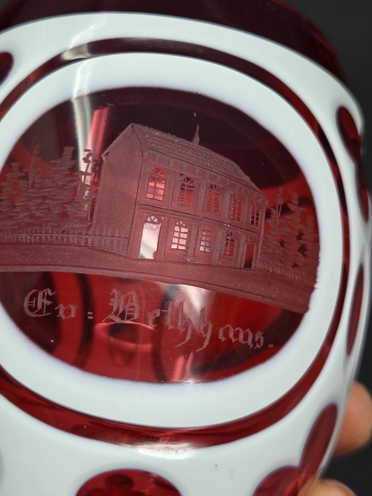 Bohemian / Germanic White Cased Cut to Cranberry Spa Glass Mid 1800s