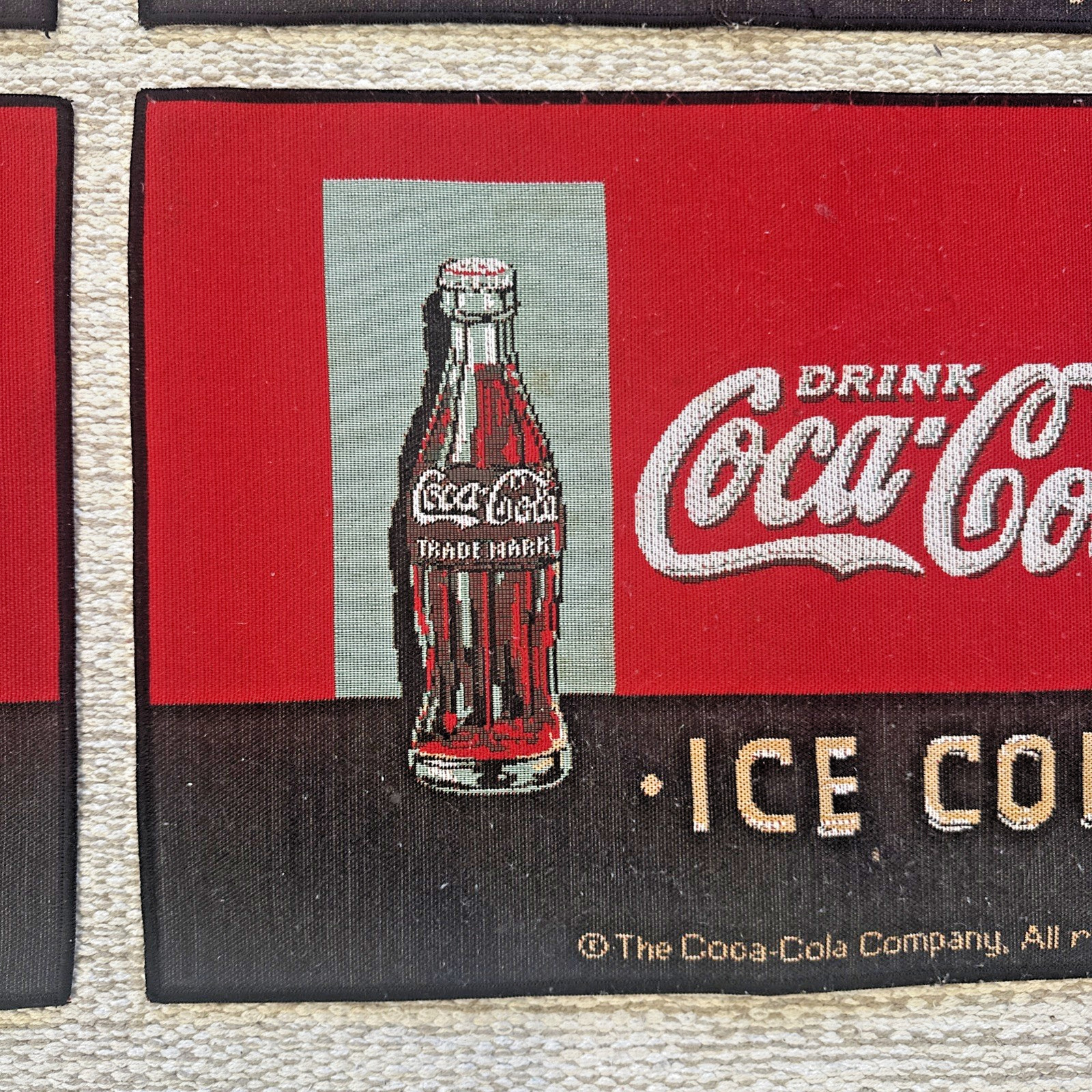 Drink Coca Cola Ice Cold Set of 4 Cloth Table Placemats Red Vtg Coke Ad ~18”x13”