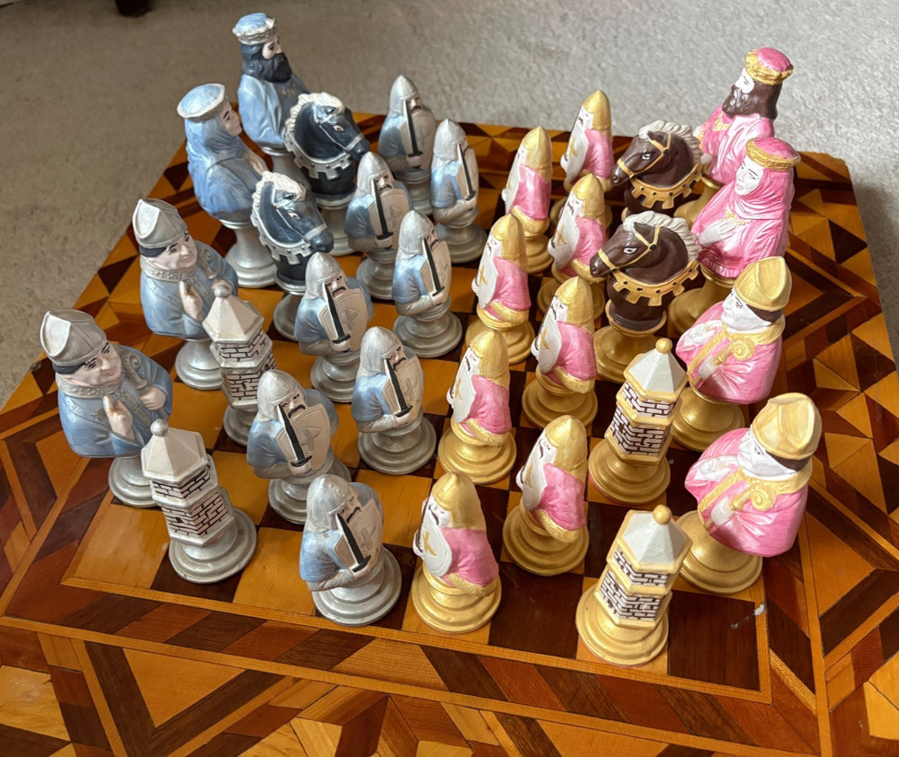 MCM Byron Mold Ceramic Hand Medieval Hand Painted Chess Set 1970s