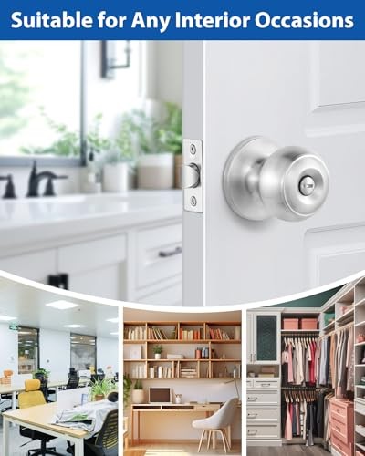 Interior Door Knobs for Bedroom or Bathroom Keyless, 5 Pack Satin Nickel