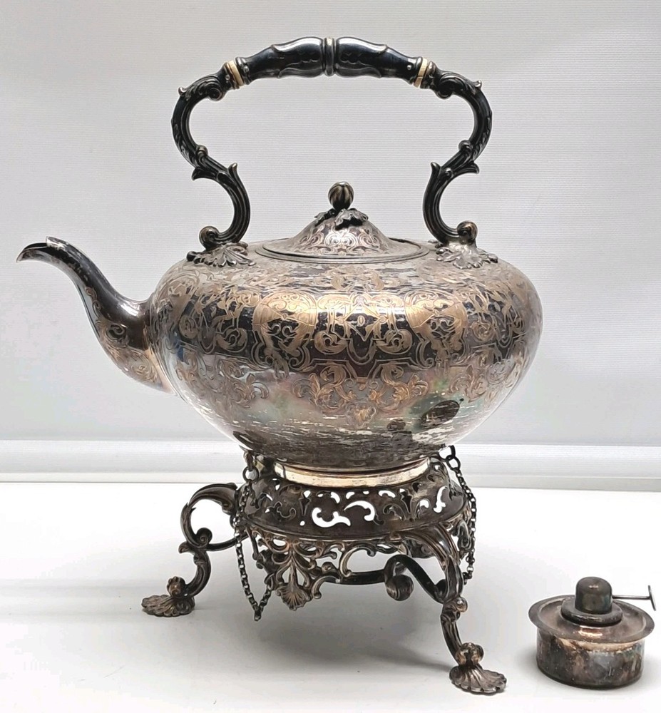 Antique 1850’s Silverplate Tea Kettle Sheffield? England With Stand & Burner
