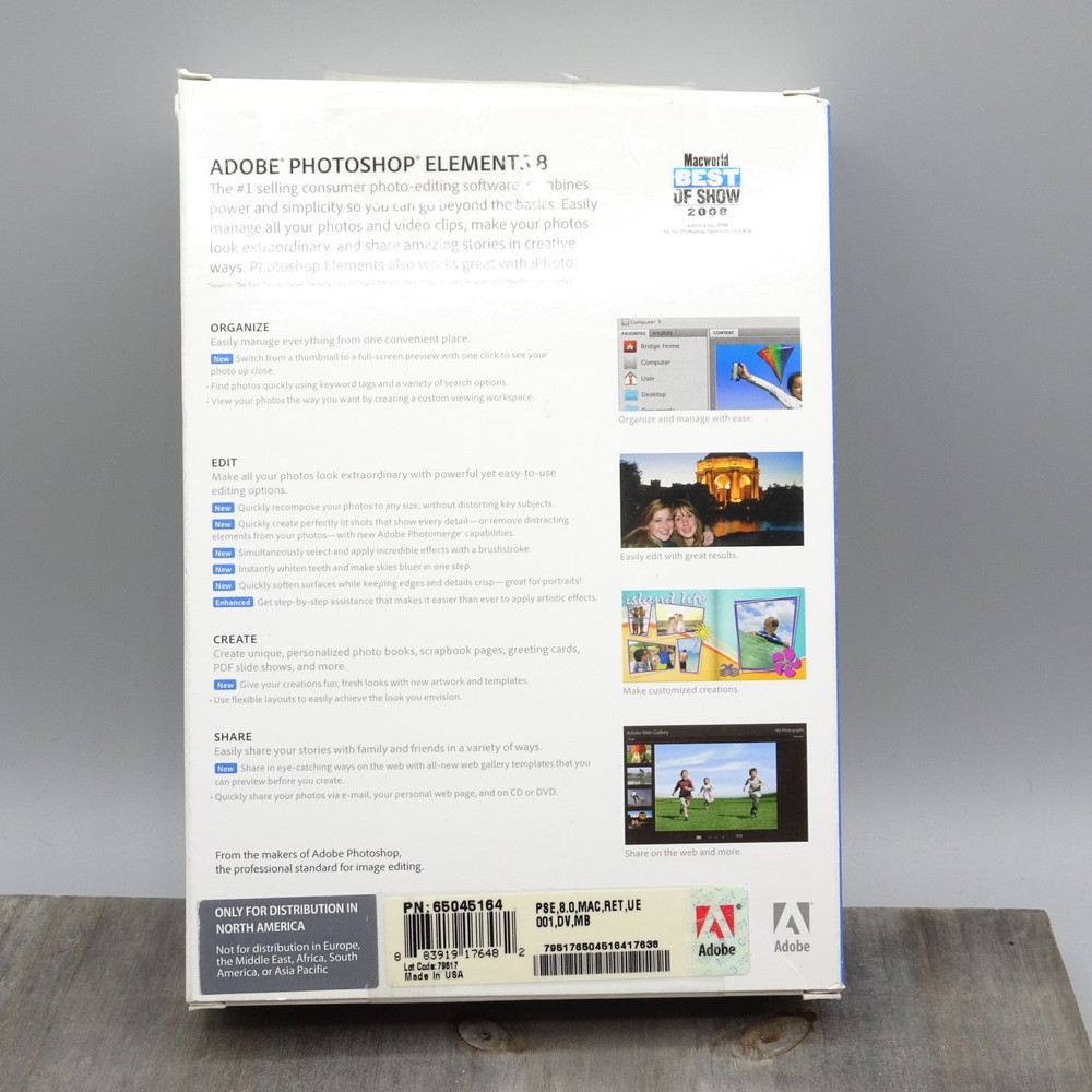 Adobe Photoshop Elements 8 Software Disc w/ Serial Number For Mac OS
