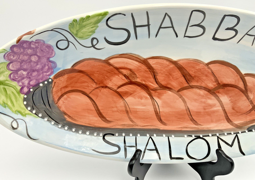 Oval Hand Painted Challah Platter Ceramic Shabbat Shalom Signed & Dated 1997