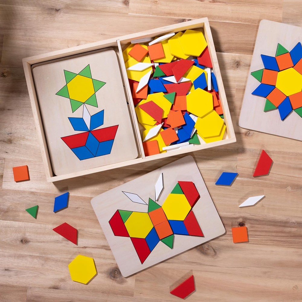 Melissa & Doug Pattern Blocks and Boards with 120 Multi-Colored Wooden Shape Til