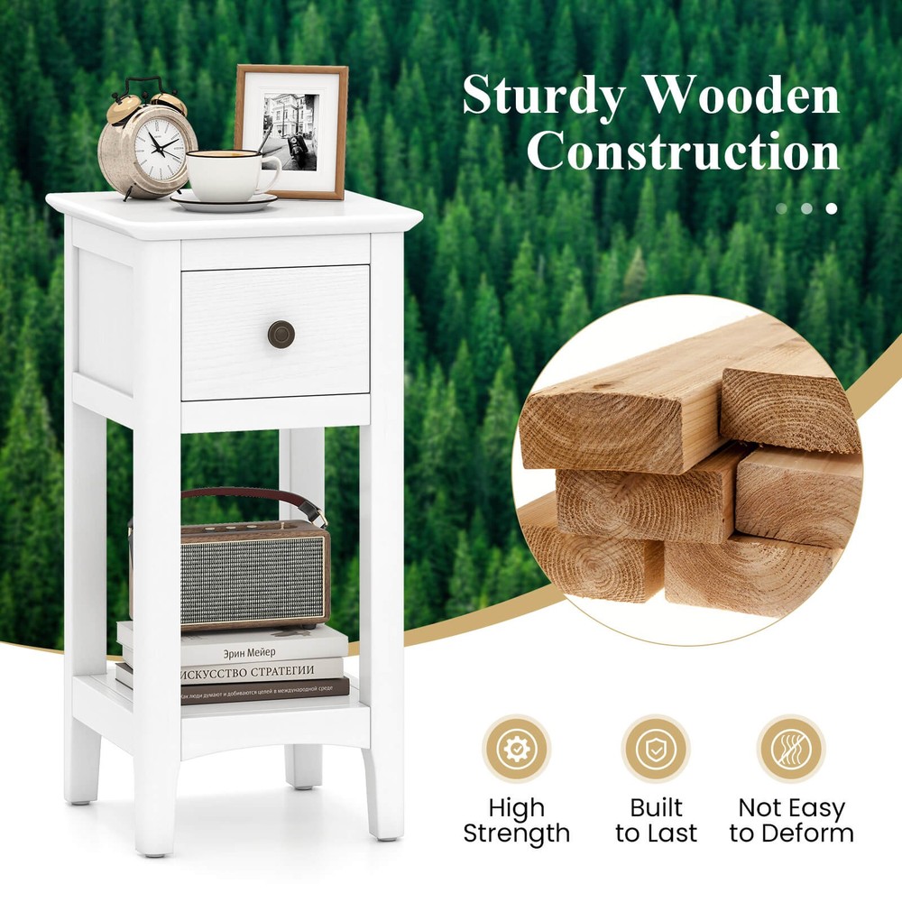 2PCS Nightstand 3-Tier Bedside Table w/ Open Storage Shelf & Narrow Side Table