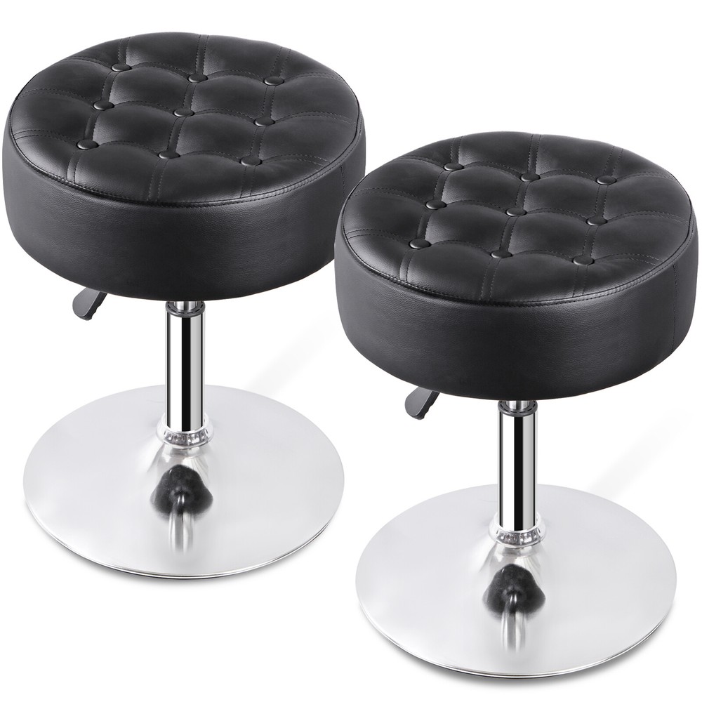 2PCS Adjustable Vanity Stool PU Leather Ottoman Stool for Bedroom w/Base Black