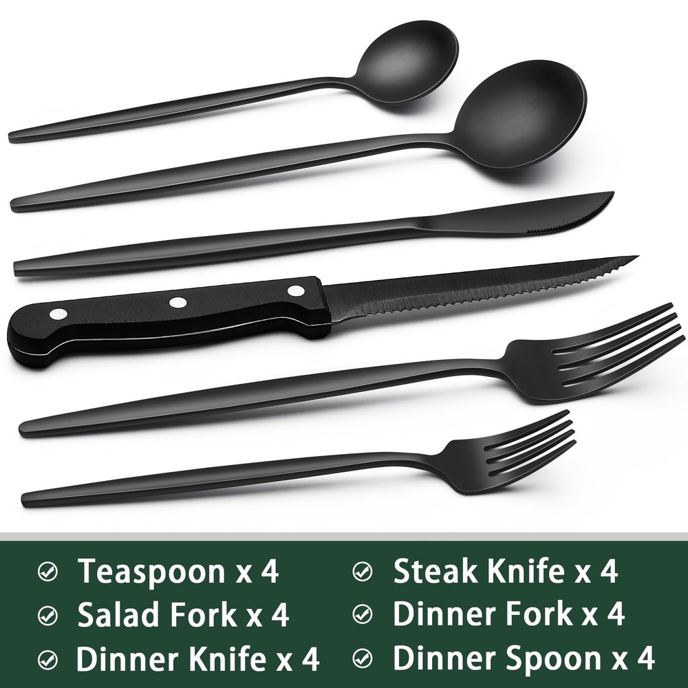 EWFEN 24-Piece Black Silverware Set with Steak Knives, Flatware