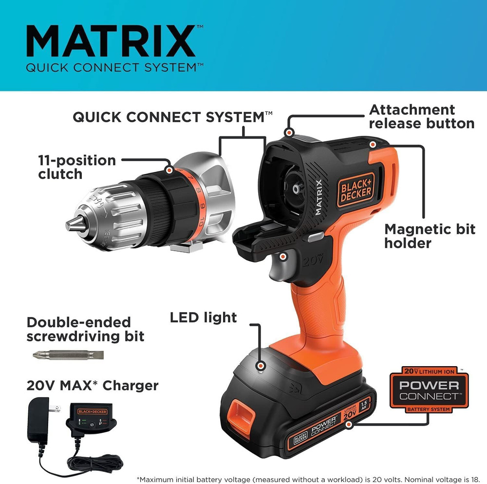 20V MAX Matrix Quick Connect System, Cordless Lithium Power Drill and Driver, Ba