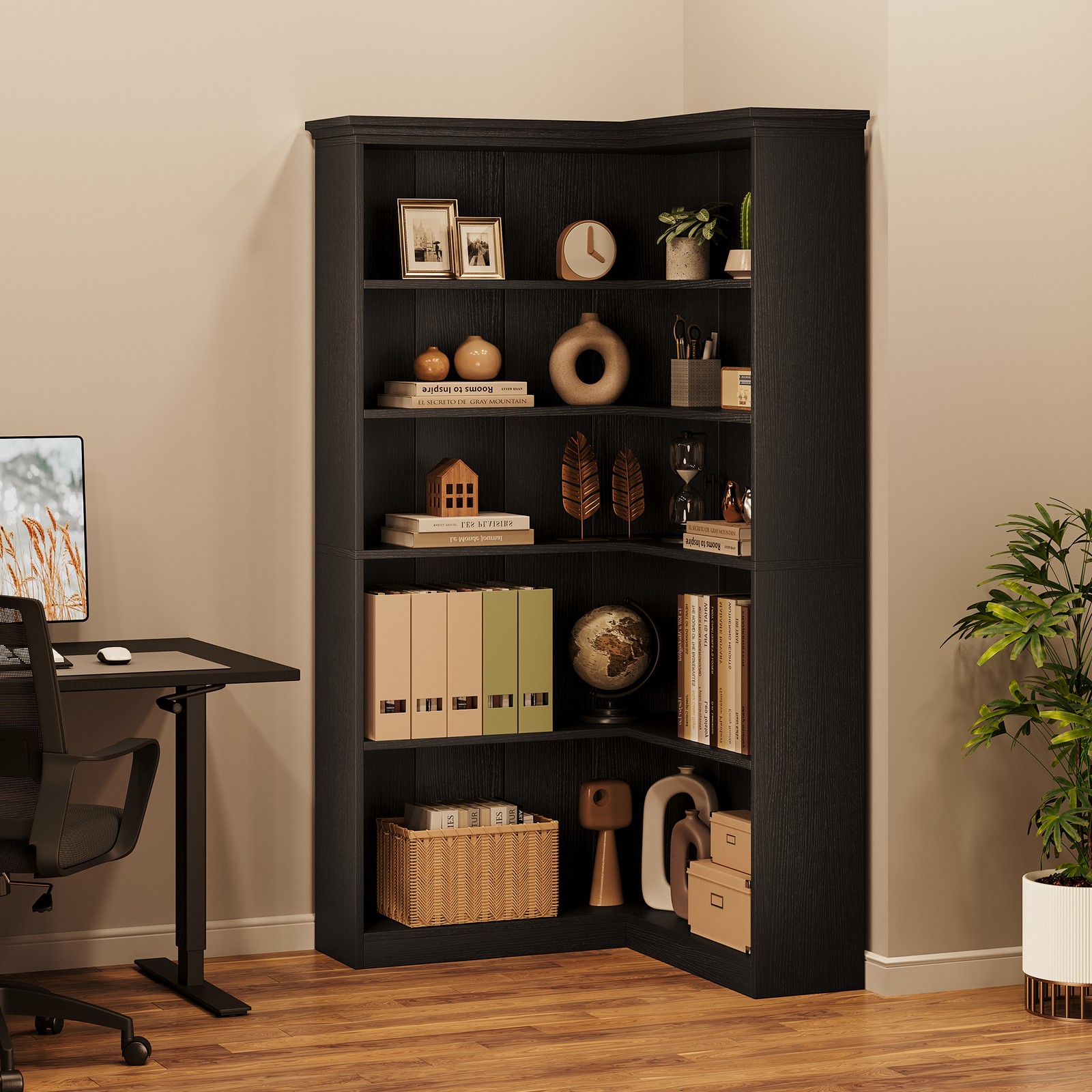 Corner Bookshelf 5 Tier Large Display Bookshelf 90° Corner Standing Bookcase