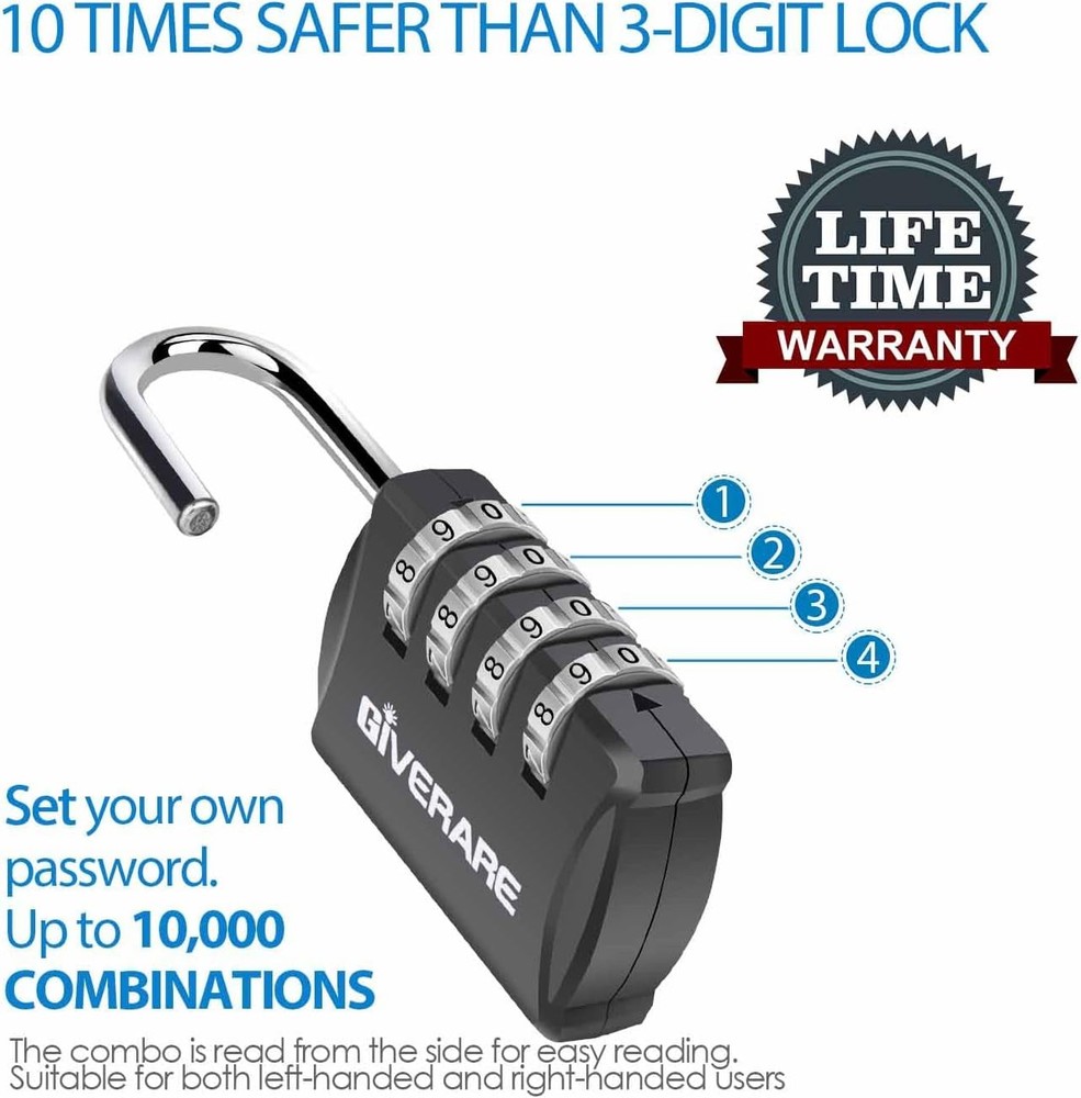 GIVERARE 4 Pack Combination Lock, 4-Digit Padlock Keyless, Resettable Black