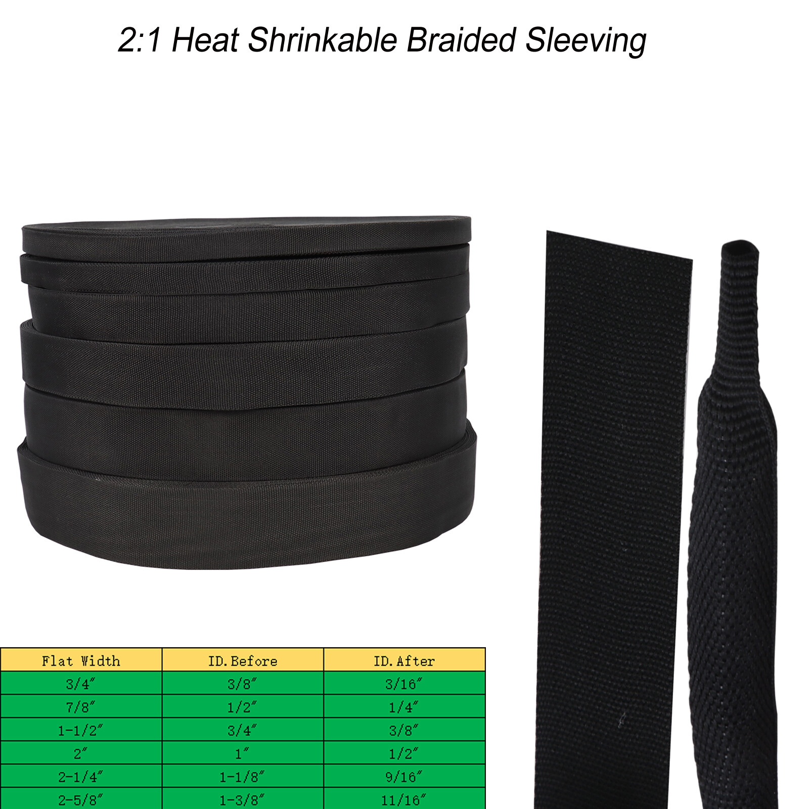 Black 2:1 Ratio Automotive Heat Shrink Braided Sleeve Wear-Resistant 14&32Feet