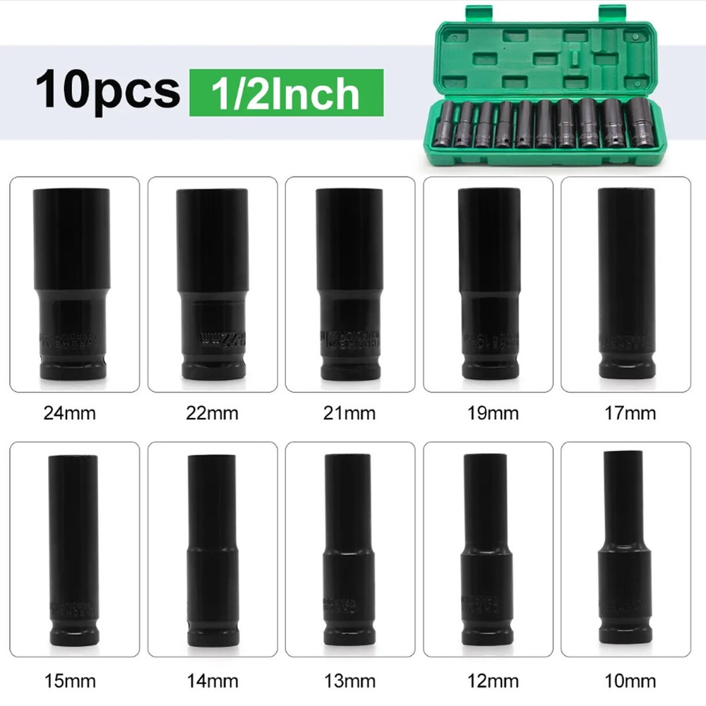 10 pc 1/2" inch Deep Impact Socket Tool Set 10-24mm Metric Garage Workshop