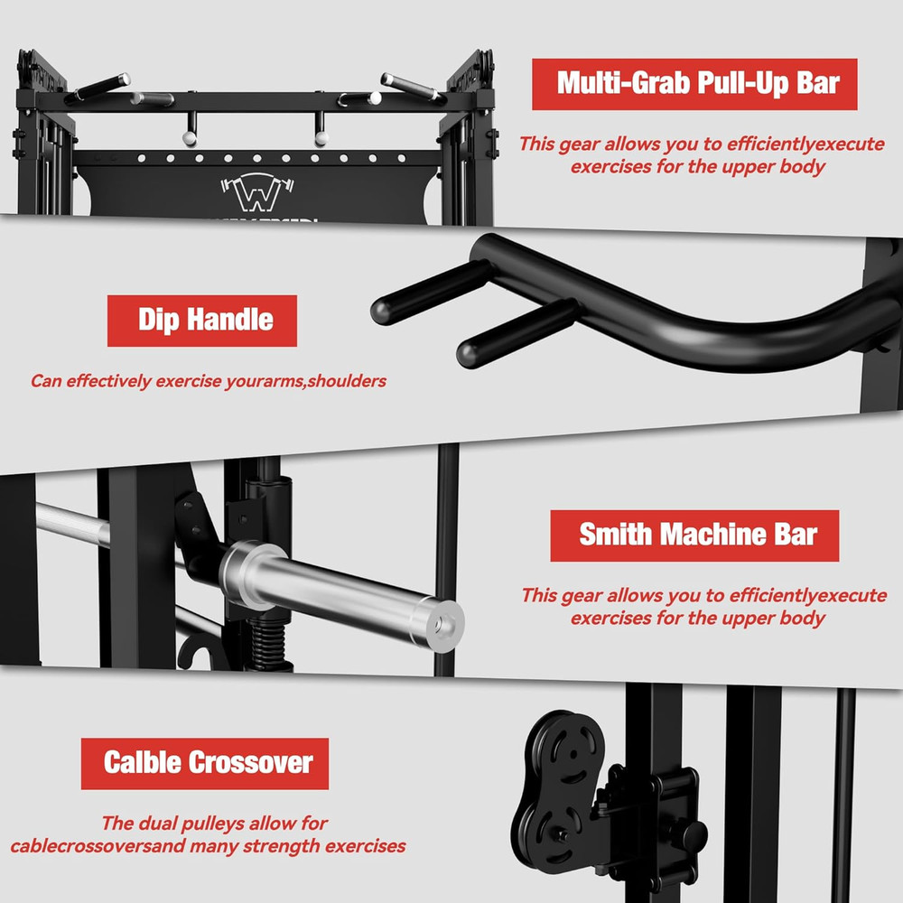 Smith Machine with Cable Crossover System, Multi - Function Squat Rack Power Cag