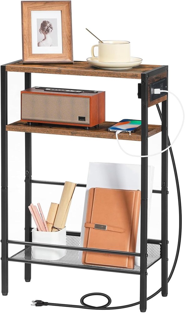 HOOBRO Small Narrow Side Table with Charging Station, Rustic Brown + Black