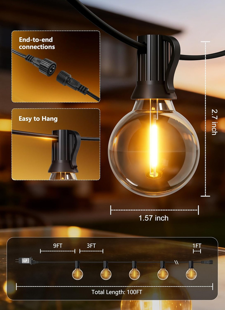Outdoor String Lights with Remote, 100Ft Outside Waterproof Light with Dimmable