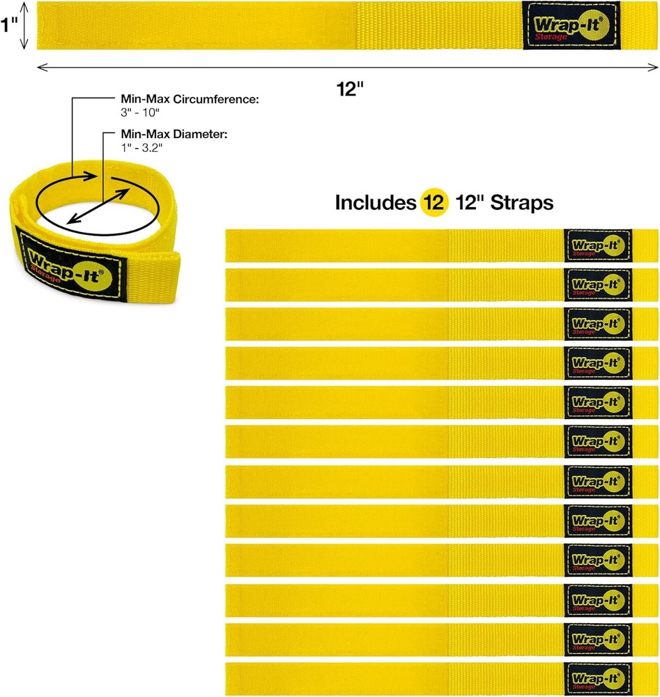 Quick-Straps by Wrap-It Storage - 12" (12 Pack) Yellow - 12 Pack),