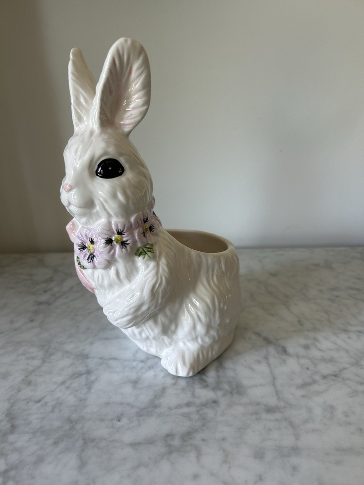 Ceramic Rabbit Planter White with Pink Bow & Purple Floral Design Easter
