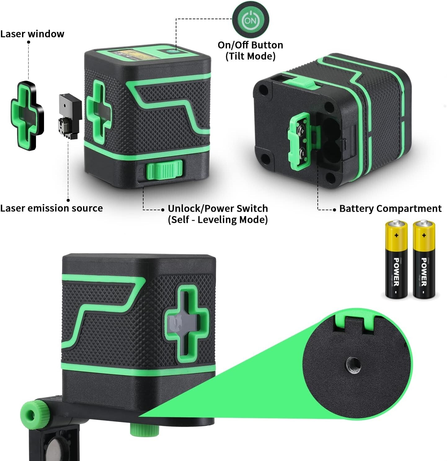2 Line Laser Level 360° Rotary Cross Line Self Leveling Tool W/Bracket Batteries