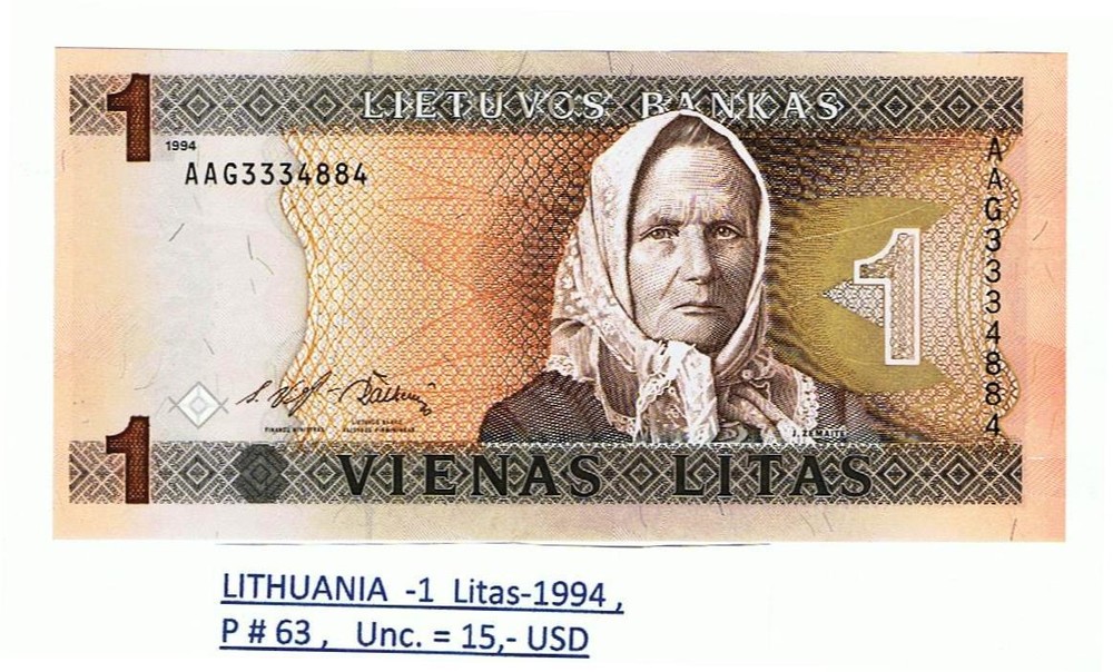 Lithuania - 1 Litas 1994 P#63 UNC!