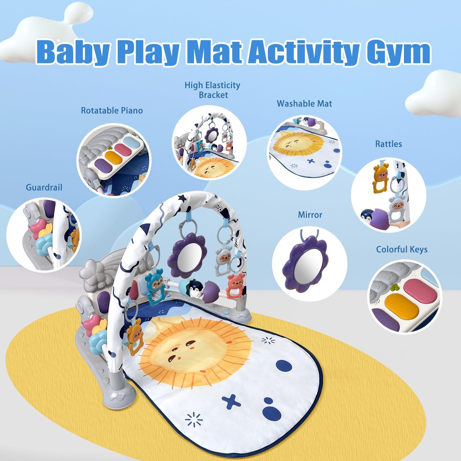 Baby Play Gym Mat, Baby Gym Activity Center, Kick and Play Piano with Music a...