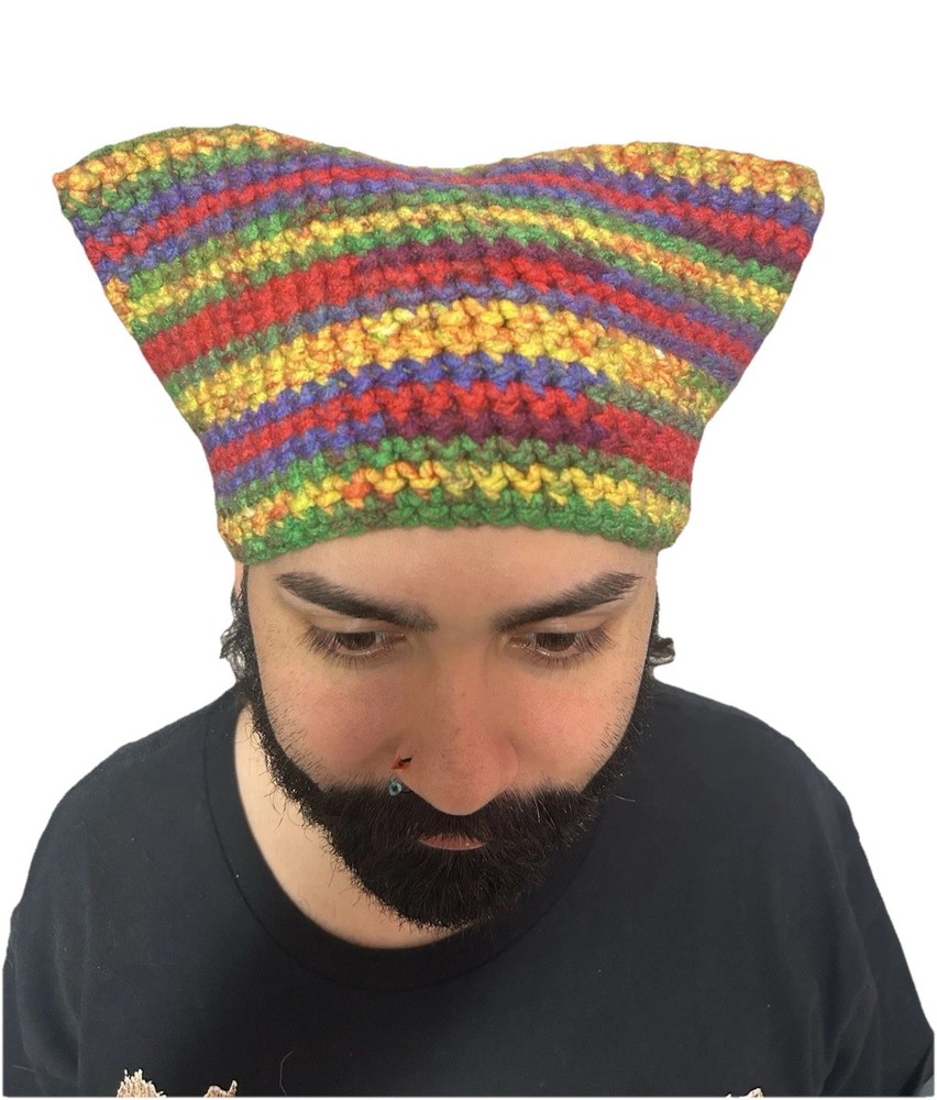 Handmade Crochet Multicolor Striped Cat Ear Hat