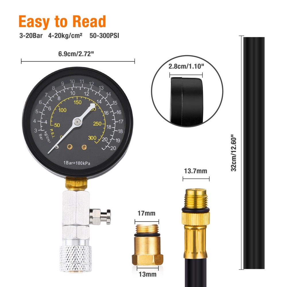 Engine Compression Tester Testing Gauge Gage Check Test Tool Kit 50-300 PSI