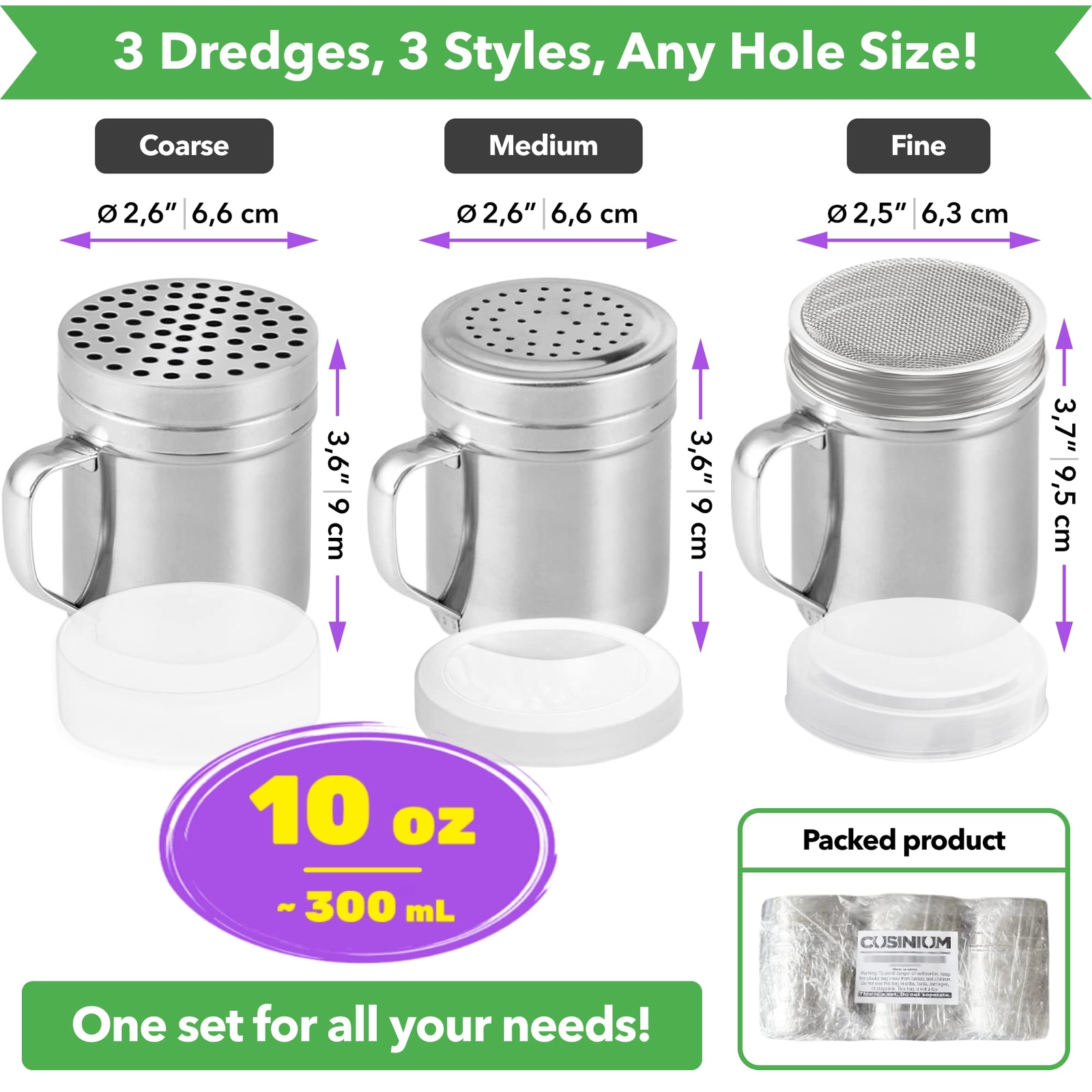 3 Pack Stainless Steel Dredge Shaker Powder Sugar Shaker Duster w/ Handle, 10oz