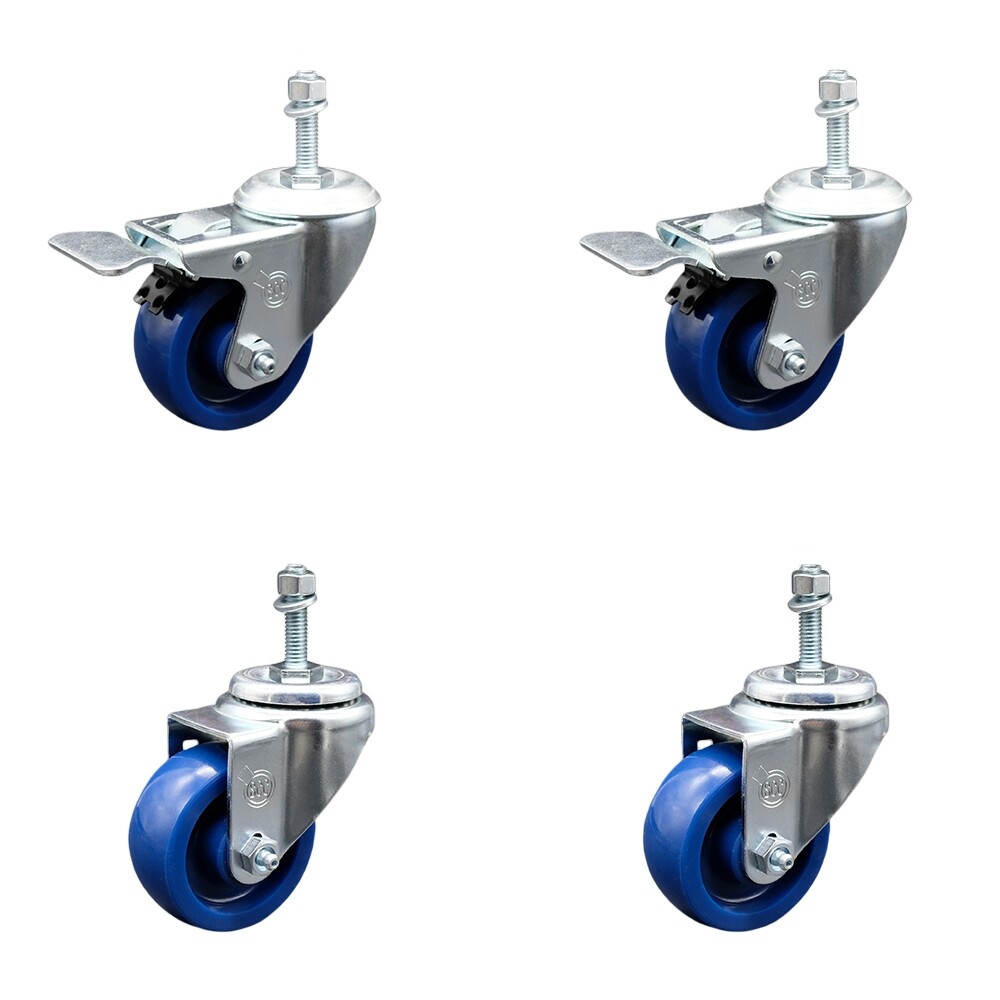 3 Inch Solid Polyurethane Swivel 10mm Stem Caster Set 2 Total Lock Brake SCC