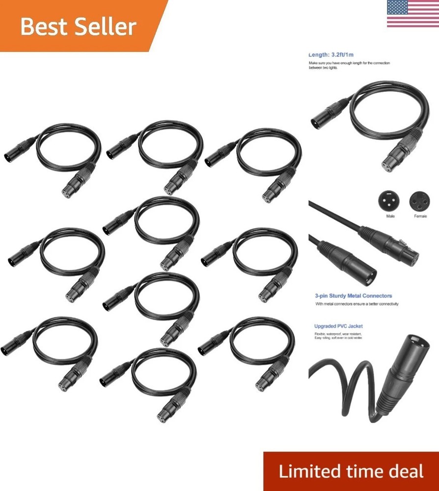 High-Quality 3.2ft DMX Cables - 10PCS Pack, Perfect for Stage Lighting Functions