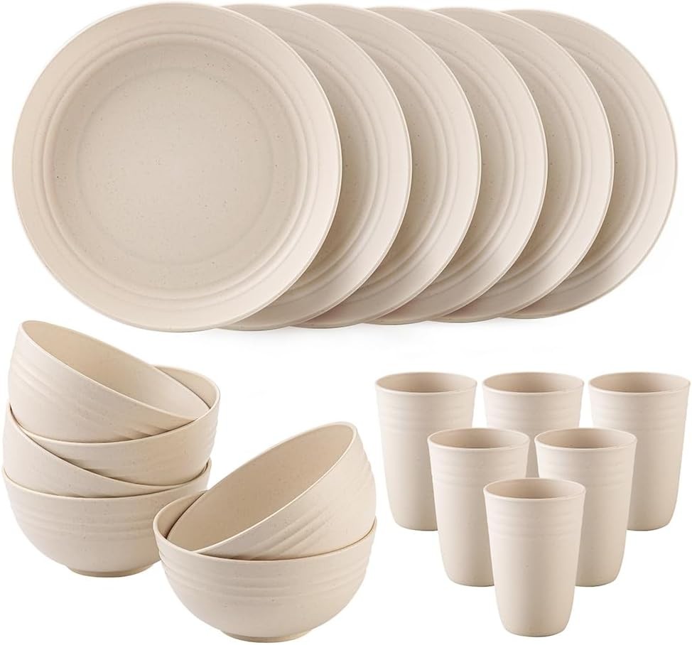 18PCS Wheat Straw Dinnerware Sets, Unbreakable Set Beige