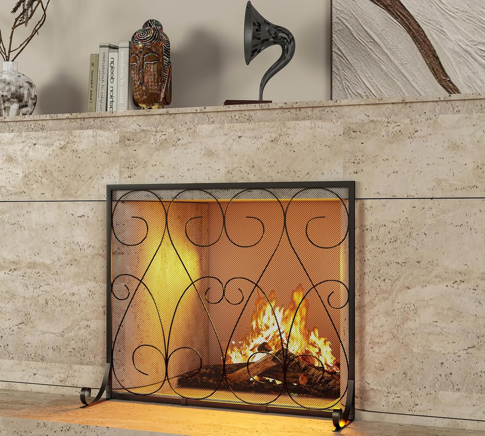 Single Panel Handcrafted Wrought Iron Symmetric Scroll Flat Fireplace Screen wit