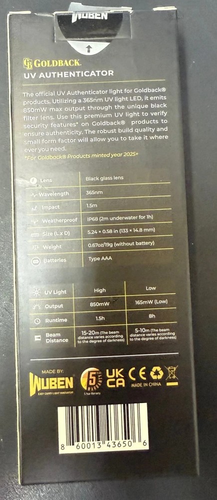 Official Goldback UV Reactive Ink Authenticator Penlight Flashlight