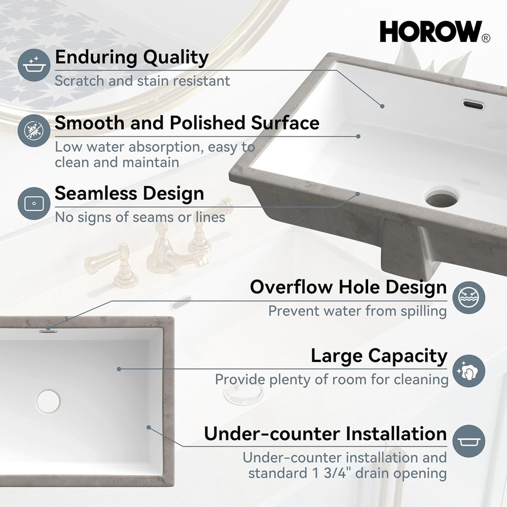 24 Inch Undermount Bathroom Sink Small Rectangle White Ceramic with Overflow