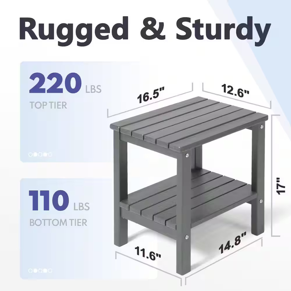 17 In. Grey Rectangular Patio Outdoor Side Table with Storage