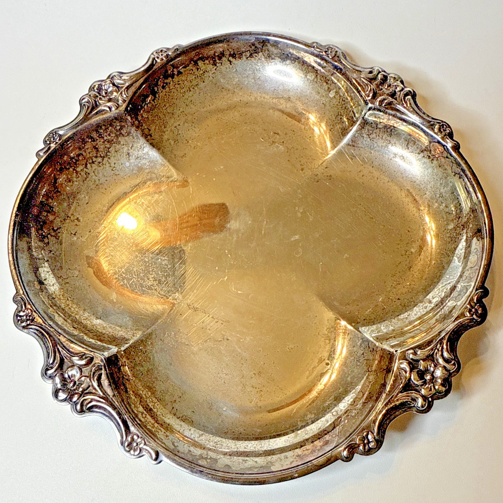 Vintage Silver Plate 4 Leaf Clover Shaped Dish w/Florals 7.25” x 7.25” x 1”
