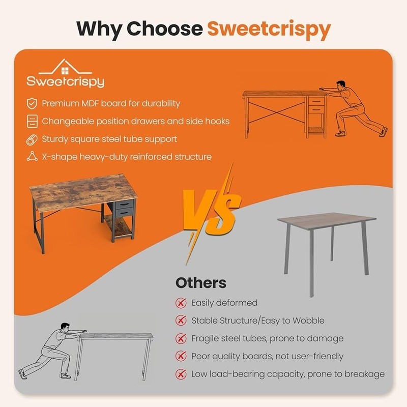 Durable Computer Desk W/ X-Frame Support Adjustable Drawer & Handy Hooks New