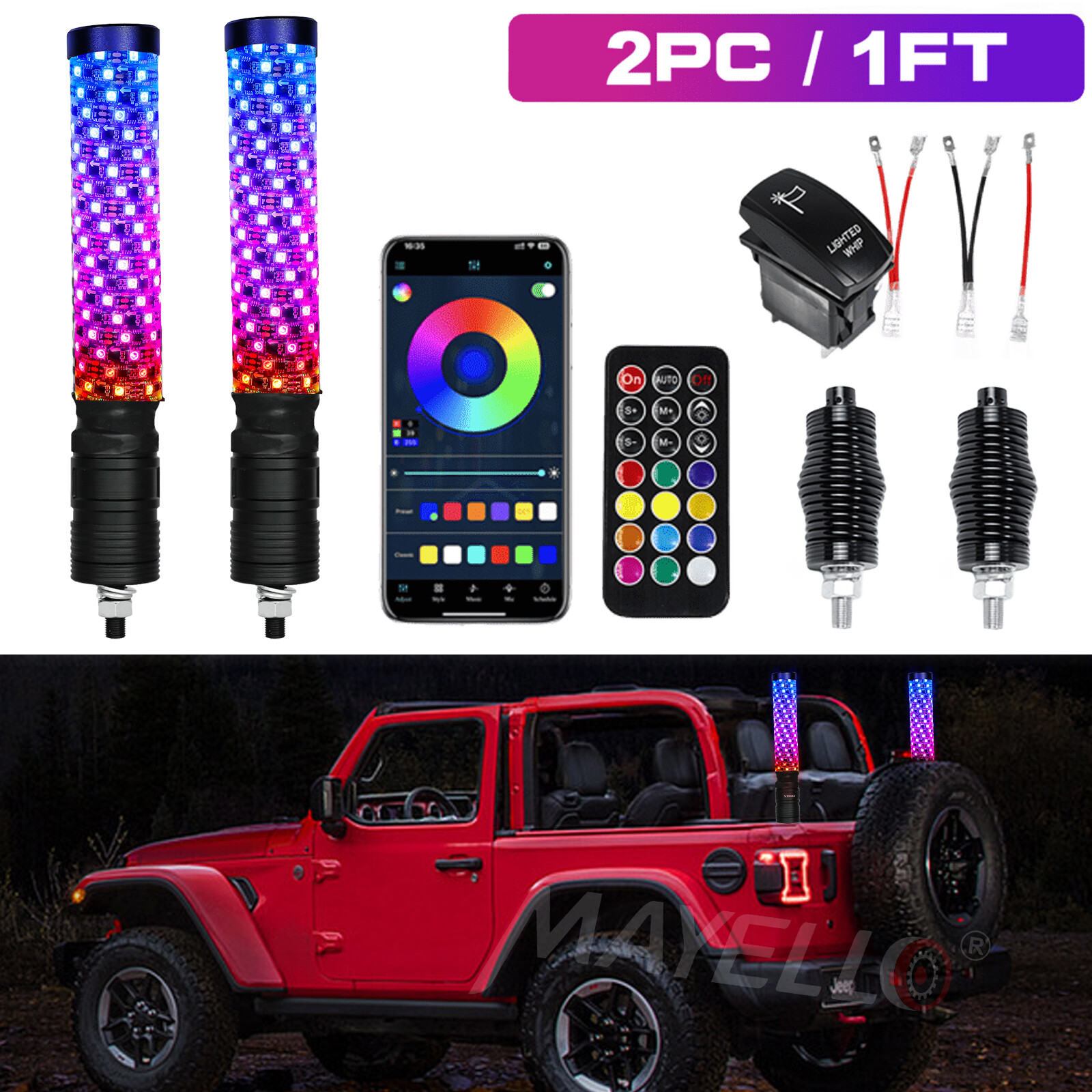 2x 1~3FT Thick LED Whip Spiral Chasing RGB Fat Whip Light For Can Am Polaris RZR