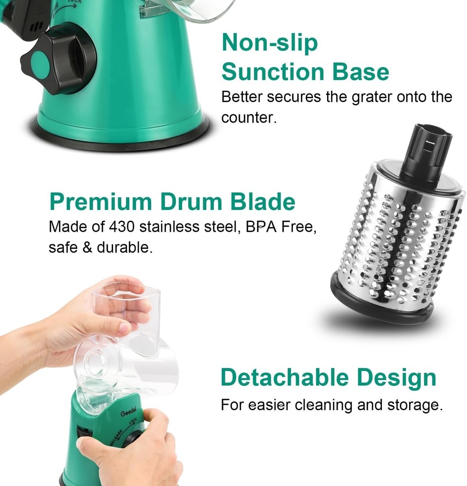 Versatile Kitchen Rotary Grater with 3 Blades & Suction Base - Dishwasher Safe