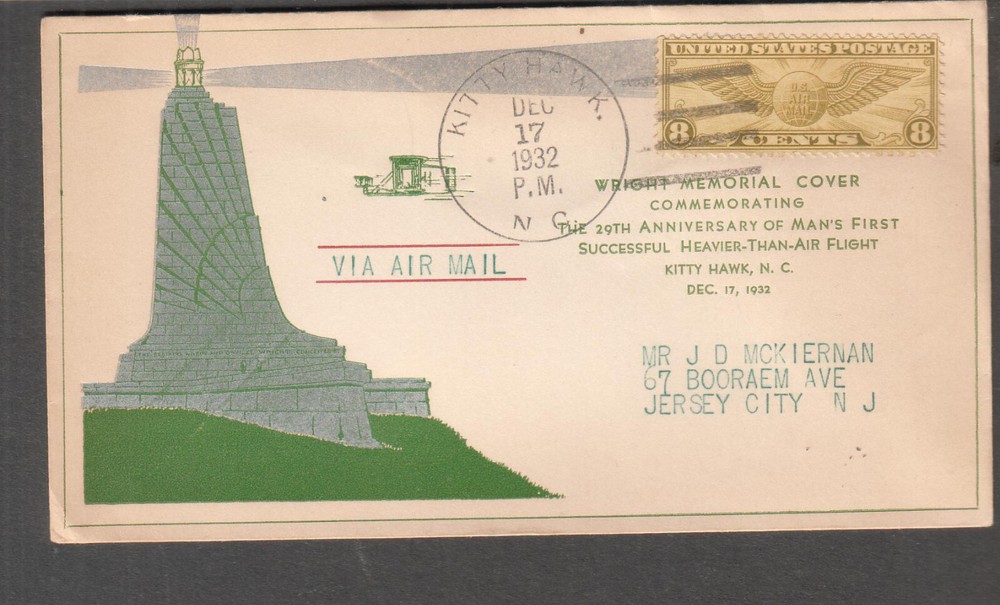 Dec 17 1932 cachet cover Kitty Hawk NC Wright memorial 29th anniversary flight