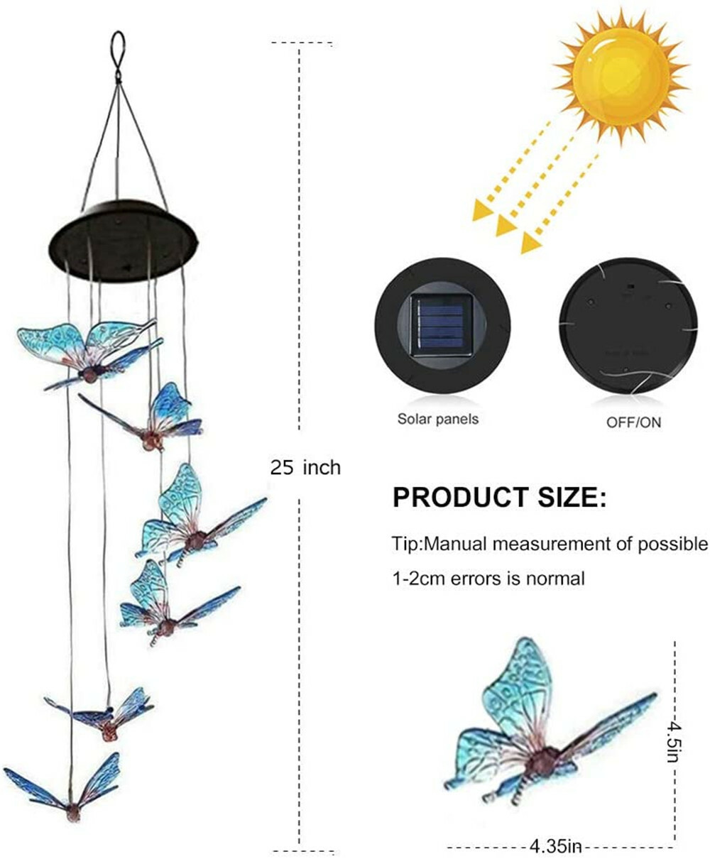 Solar LED Garden Outdoor Wind Chimes Colour Changing Lights Hanging butterfly US